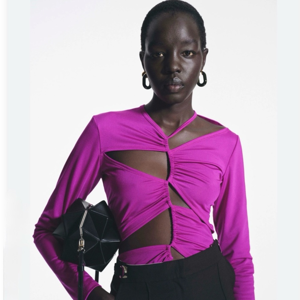 Sid Neigum Inverse Tension Cutout Ruched Long-Sleeve Top in Fucsia